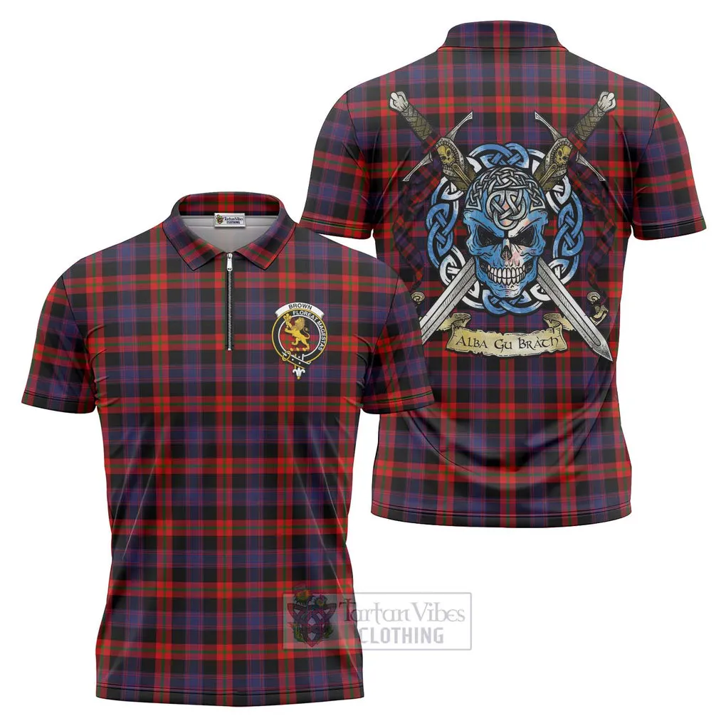 Brown (Broun) Tartan Zipper Polo Shirt with Family Crest Celtic Skull Style