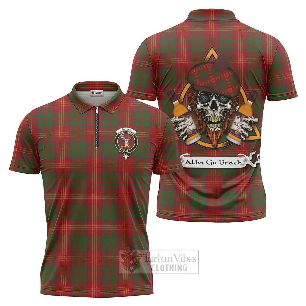 Burns Tartan Zipper Polo Shirt with Family Crest and Bearded Skull Holding Bottles of Whiskey