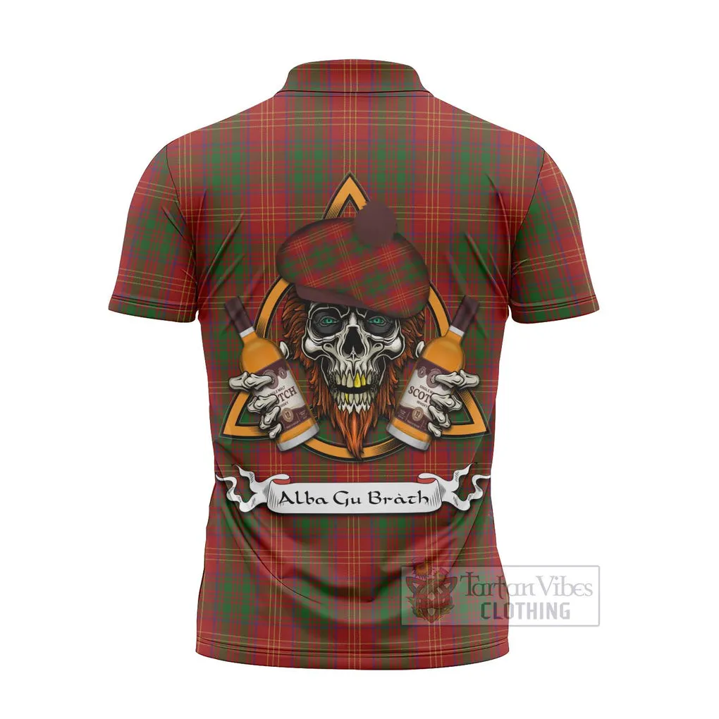 Burns Tartan Zipper Polo Shirt with Family Crest and Bearded Skull Holding Bottles of Whiskey