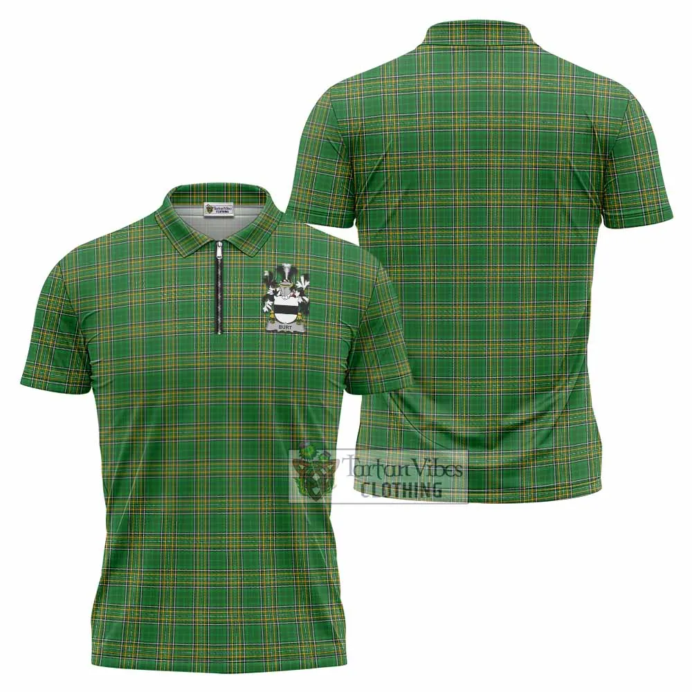 Burt Irish Clan Tartan Zipper Polo Shirt with Coat of Arms