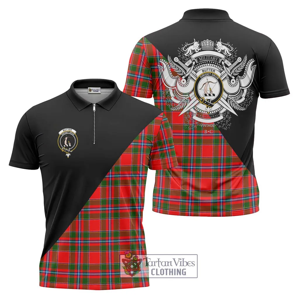 Butter Tartan Zipper Polo Shirt with Family Crest and Military Logo Style