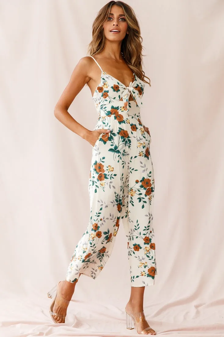 Call Me Wide-Leg Tied Bust Jumpsuit Floral Print Beige