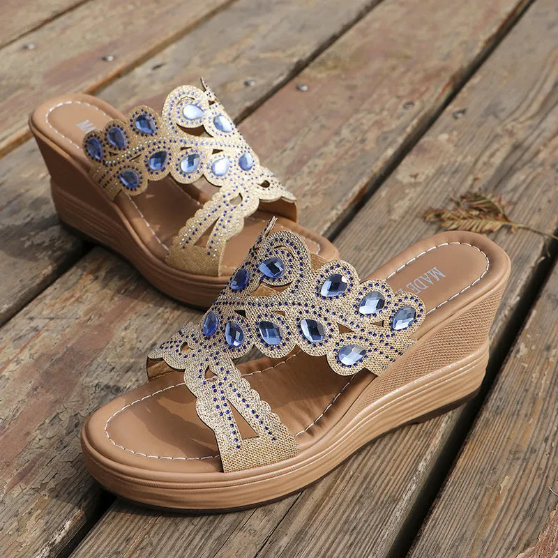 Casual Hollowed Out Patchwork Rhinestone Fish Mouth Out Door Wedges Shoes (Heel Height 3.15in)