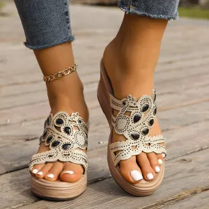 Casual Hollowed Out Patchwork Rhinestone Fish Mouth Out Door Wedges Shoes (Heel Height 3.15in)