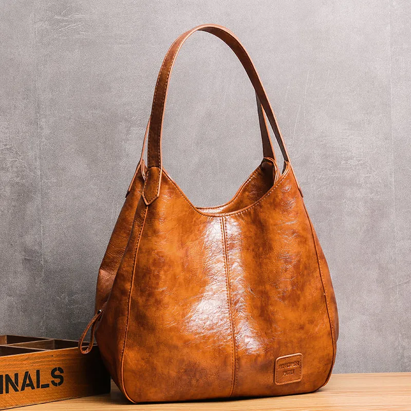 Casual Women Handbag Purse Large Capacity Tote Bag High Quality Lady Bag Vintage Hobo Bag Soft Patchwork Shoulder Bag Brown