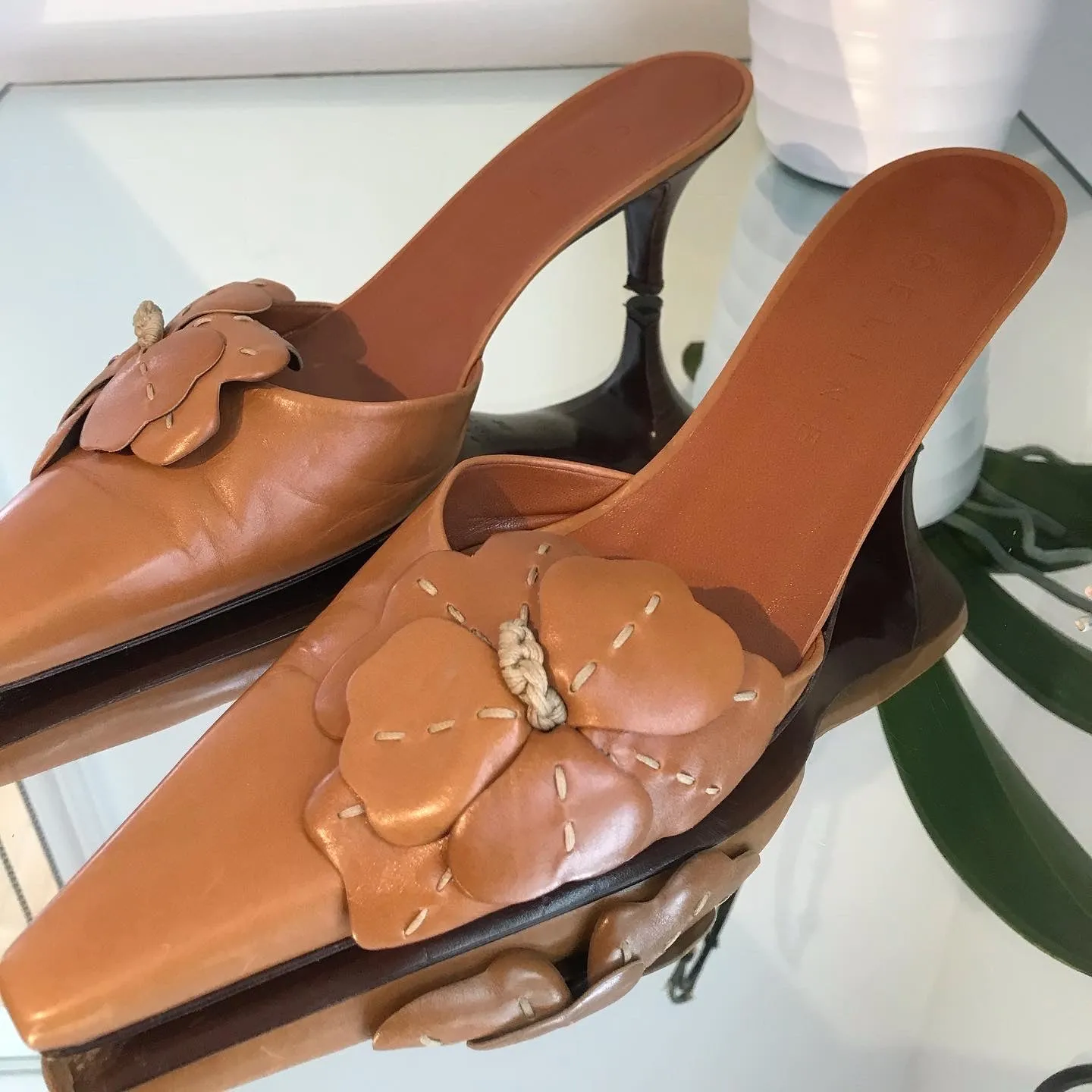 CELINE Flower Embellished Pointed Toe Leather Mules