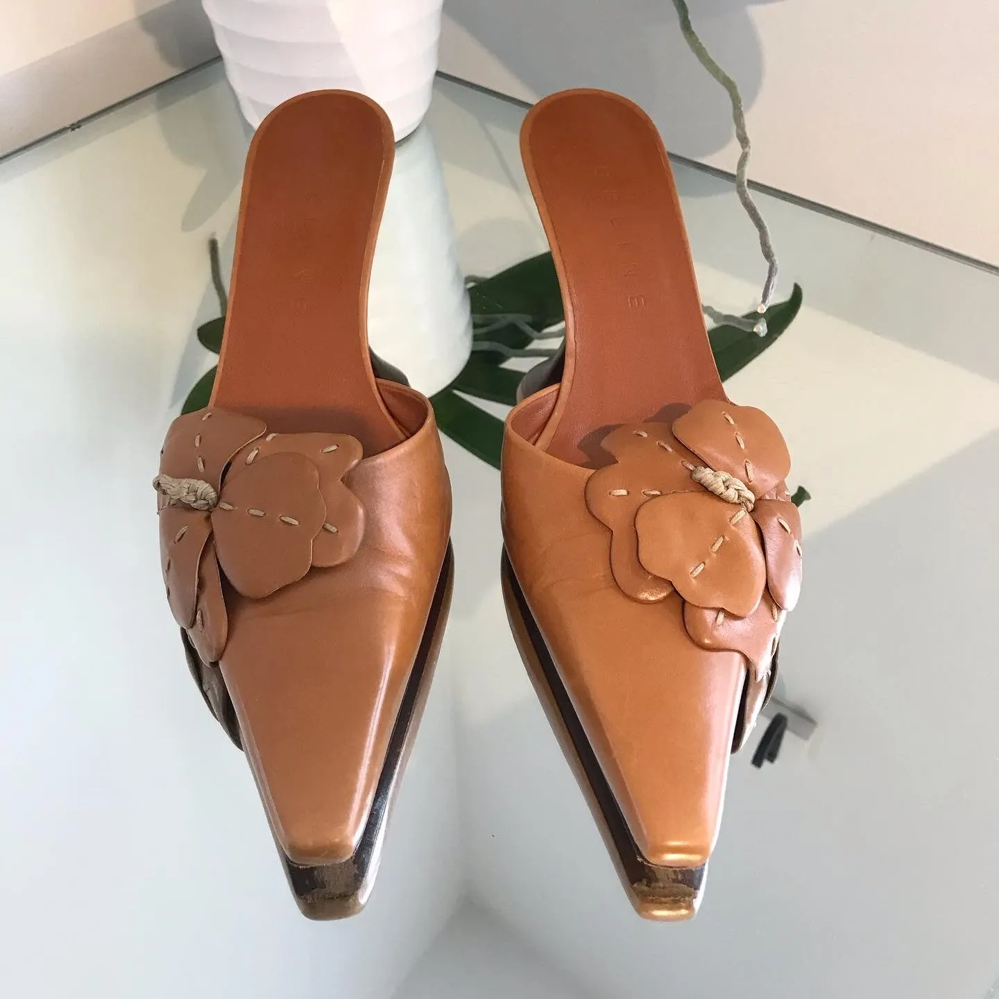 CELINE Flower Embellished Pointed Toe Leather Mules