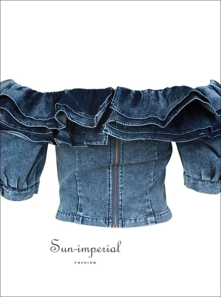 Charley top - Denim Shirts top Female Square Collar Ruffle Patchwork Short Sleeve Short Shirt