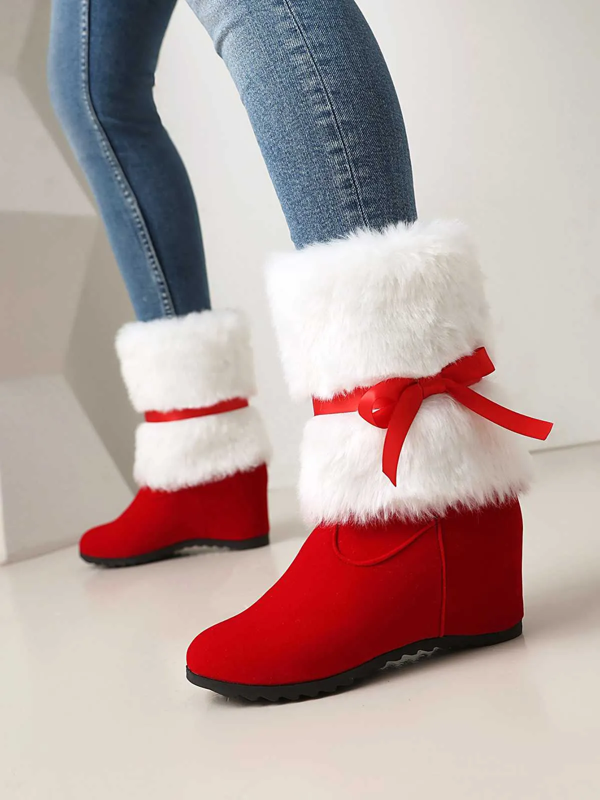 Christmas Patchwork Fur Bow Boots