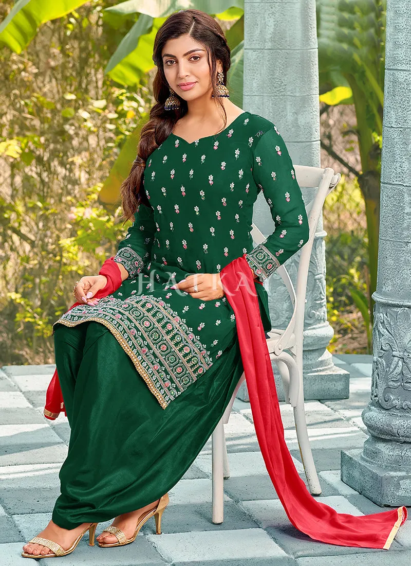 Dark Green Mirror Work Embroidered Patiala Suit