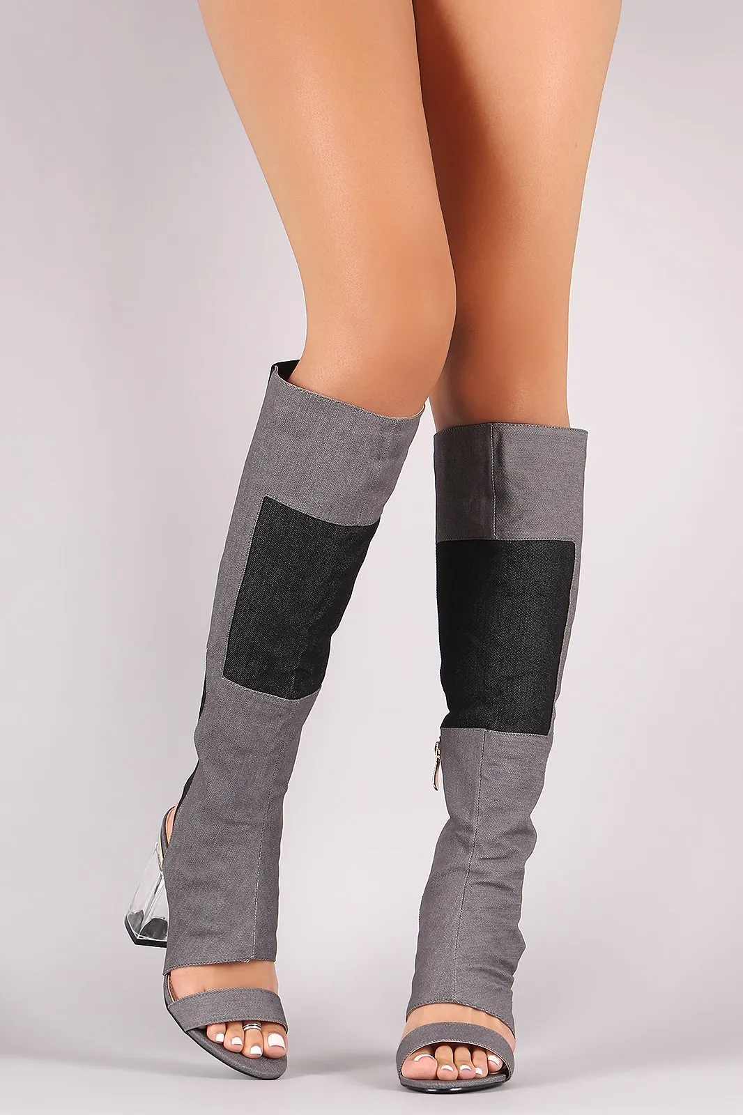 Denim Patchwork Chunky Clear Heeled Cutout Knee High Boots