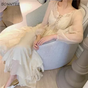 Dress Sets Women Solid Empire Elegant Girlish Leisure Korean Style Female 2021 Summer Outfits Lovely Vintage Ankle-length Chic