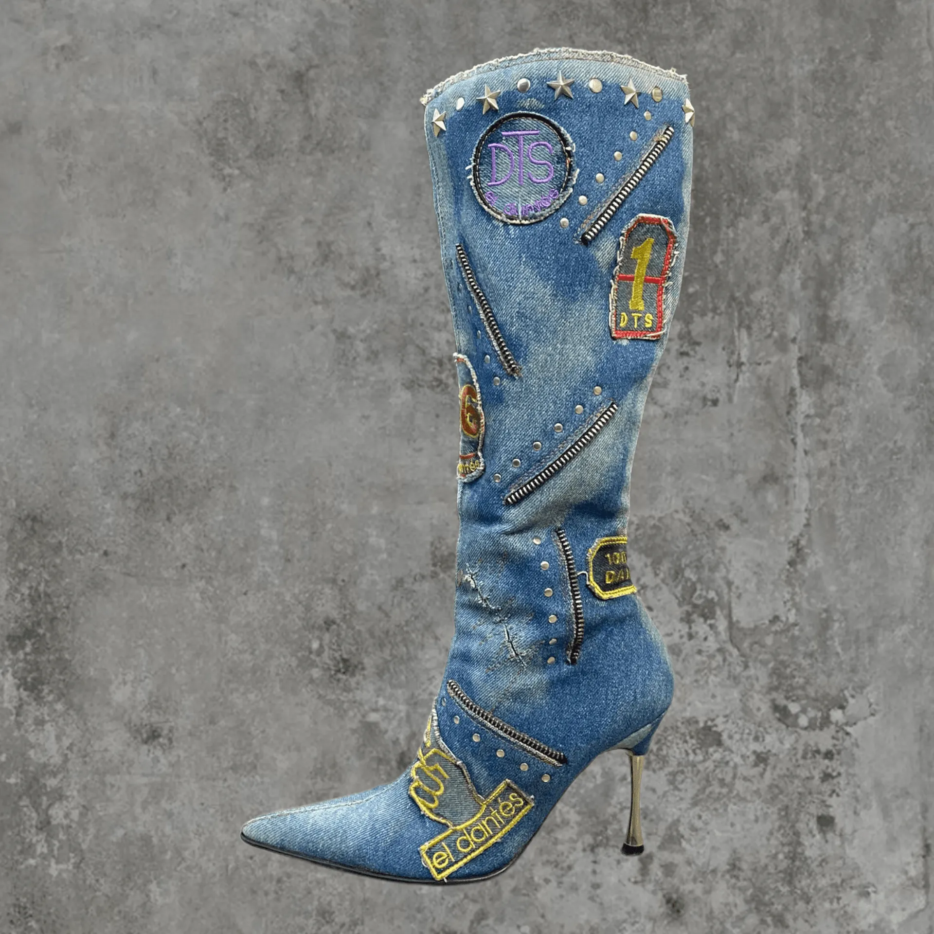 EL DANTES DENIM PATCHWORK HEELED BOOTS - EU 38