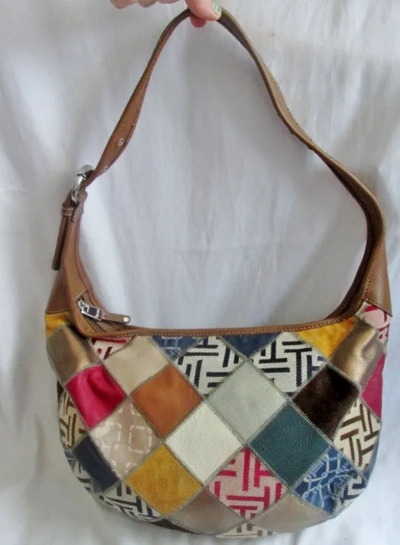 EUC TIGNANELLO PATCHWORK suede leather hobo satchel shoulder bag Purse BROWN GOLD RED