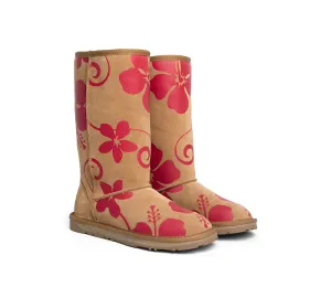 EVERAU® UGG Boots Sheepskin Wool Red Floral Print Tall Classic Suede EU41