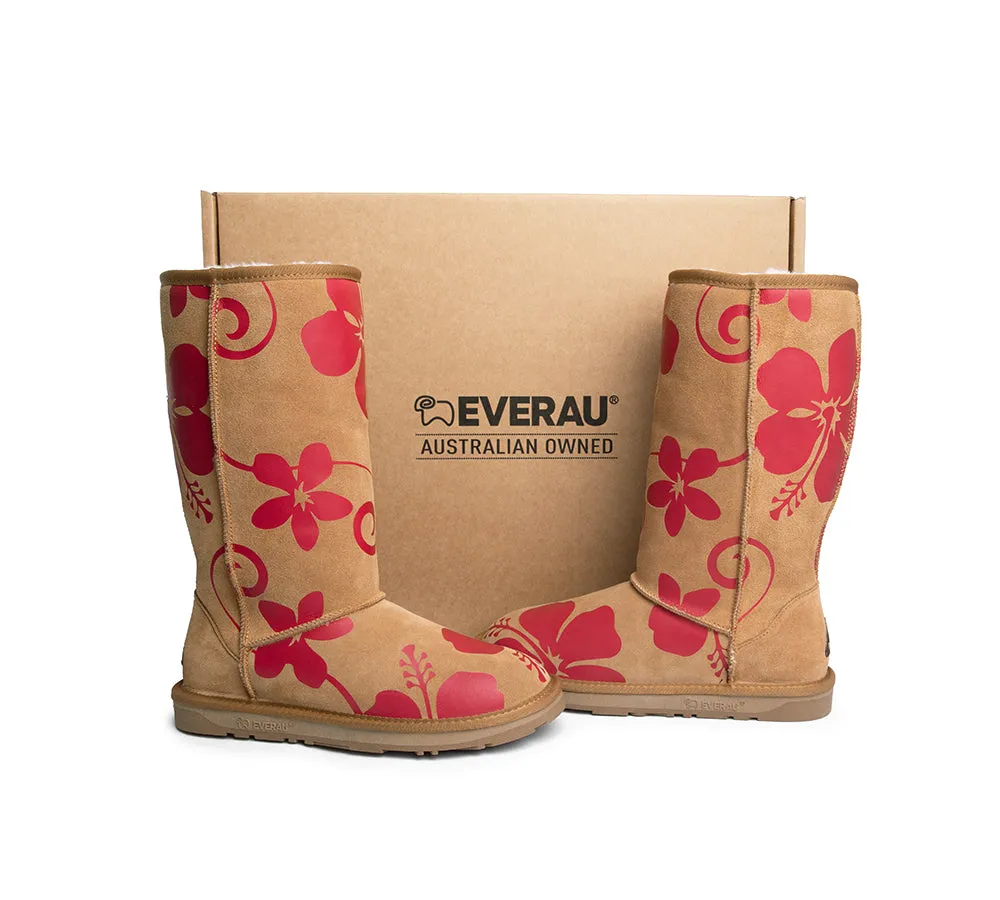 EVERAU® UGG Boots Sheepskin Wool Red Floral Print Tall Classic Suede EU41