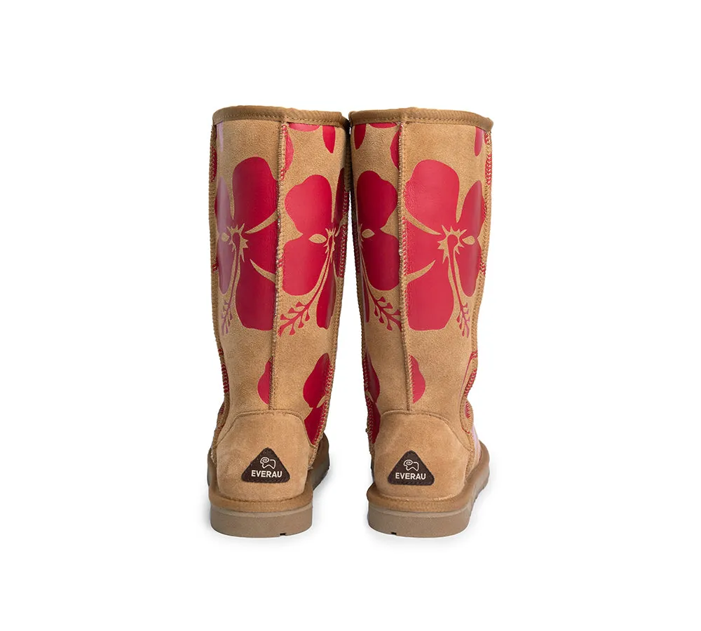 EVERAU® UGG Boots Sheepskin Wool Red Floral Print Tall Classic Suede EU41