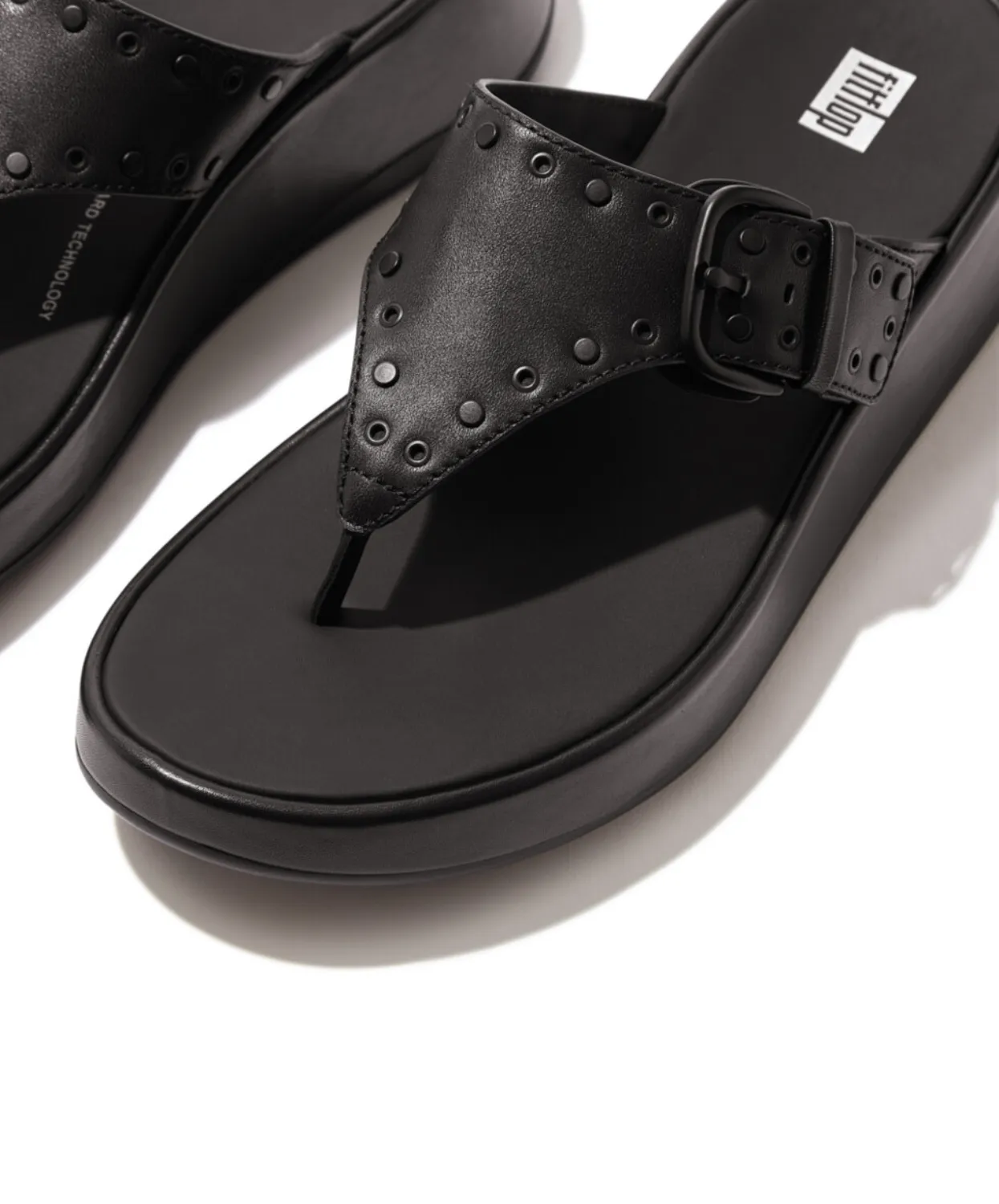 Fitflop F-Mode Buckle Stud Leather Flatform Toe Post Black