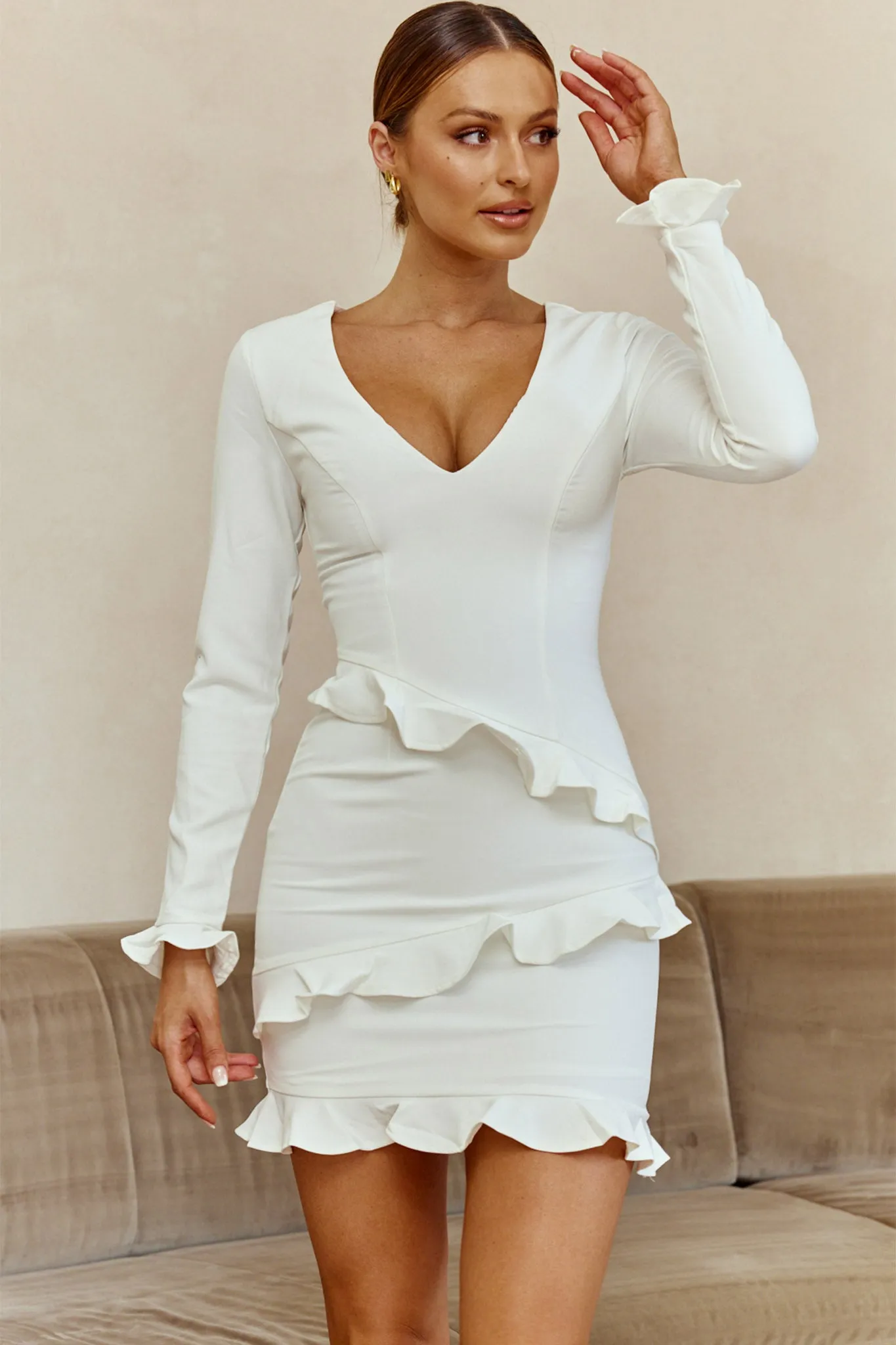 Frilled To Meet You Long Sleeve Mini Dress White