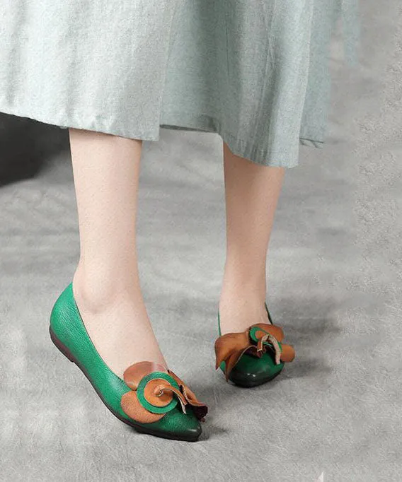 Green Floral Splicing Cowhide Leather Flat Shoes Pointed Toe