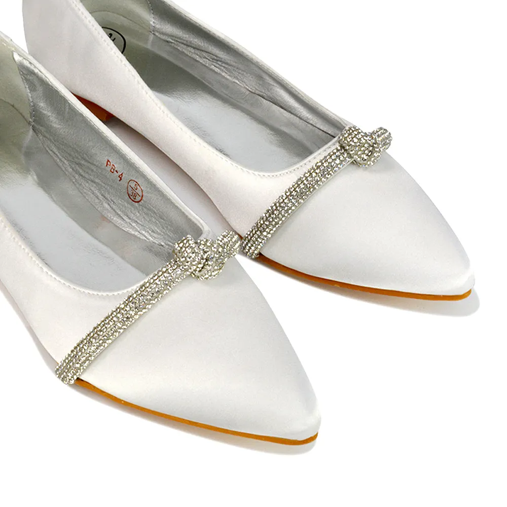 Halley Flat Heel Pointed Toe Sparkly Wedding Embellished Diamante Bridal Pumps in Pink Satin