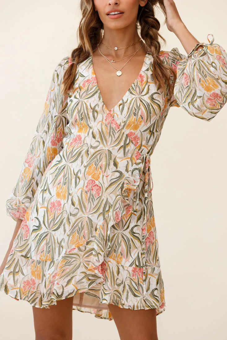 Hartley Balloon Sleeve Wrap Dress Floral Print Green