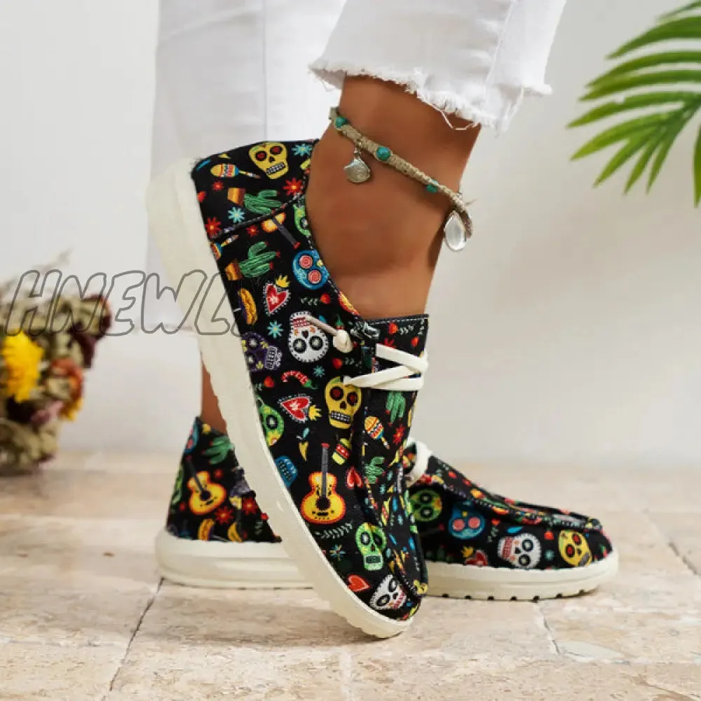 Hnewly - Black Casual Patchwork Printing Round Comfortable Shoes