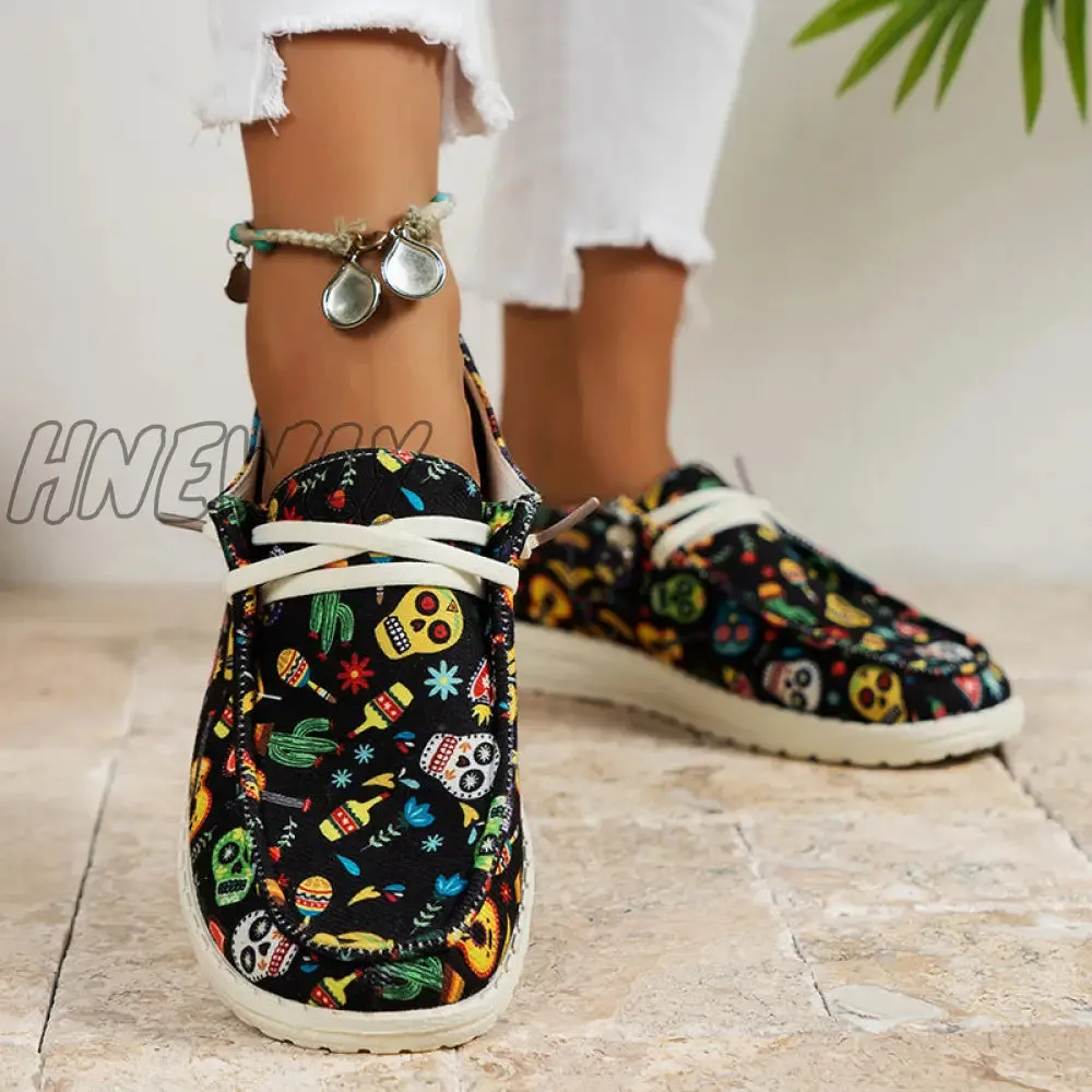 Hnewly - Black Casual Patchwork Printing Round Comfortable Shoes