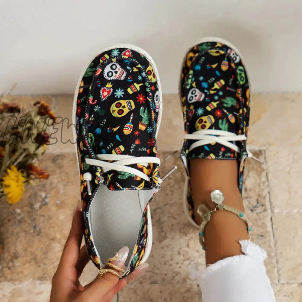 Hnewly - Black Casual Patchwork Printing Round Comfortable Shoes