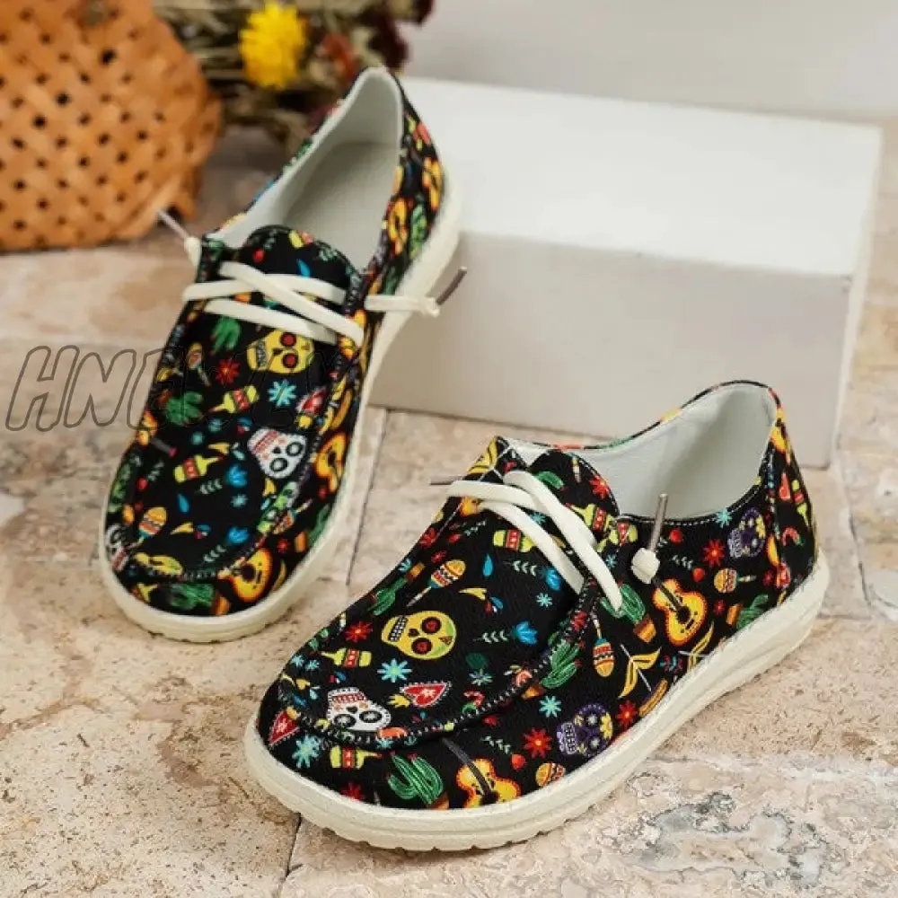 Hnewly - Black Casual Patchwork Printing Round Comfortable Shoes