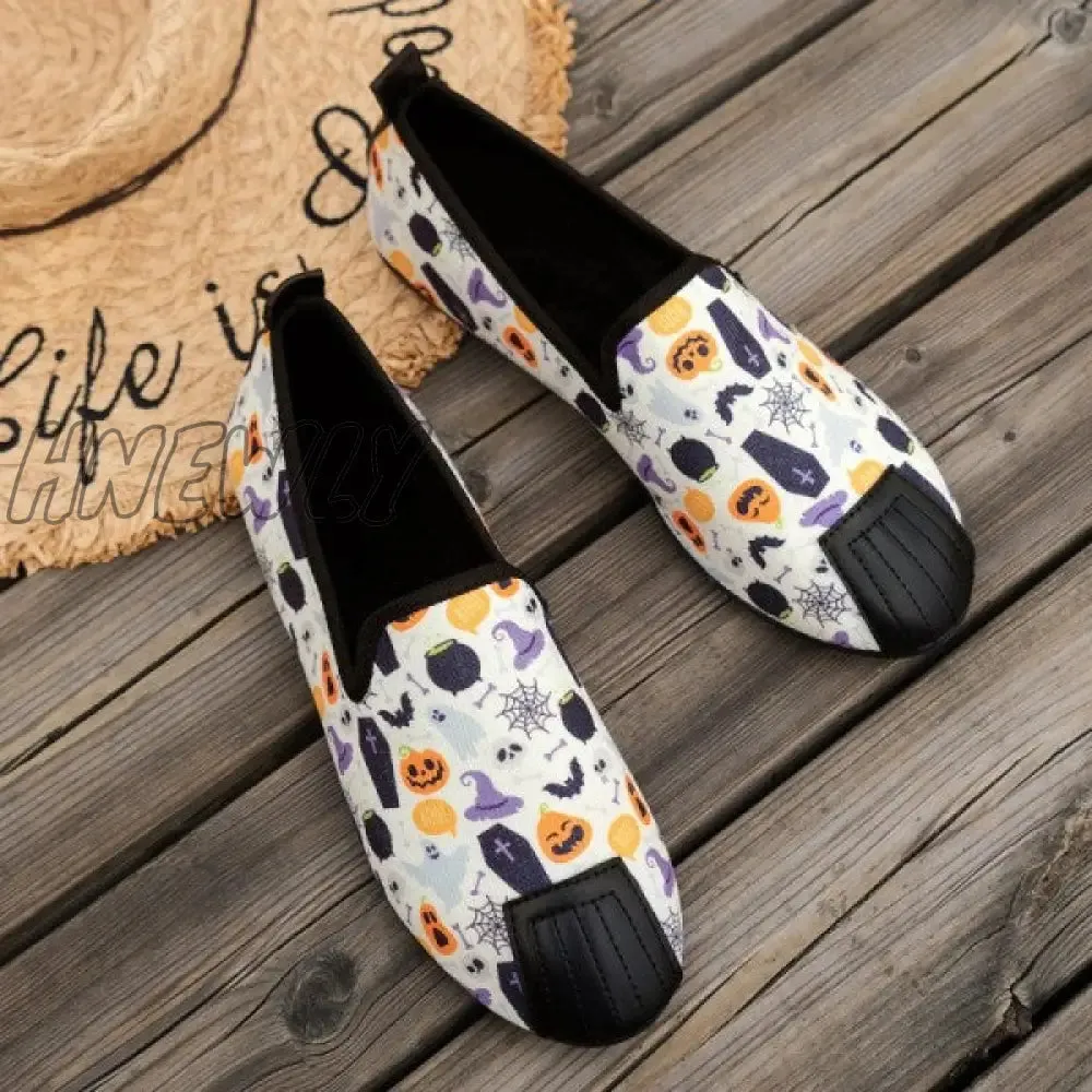 Hnewly - Halloween Cream White Casual Patchwork Printing Round Comfortable Flats Shoes