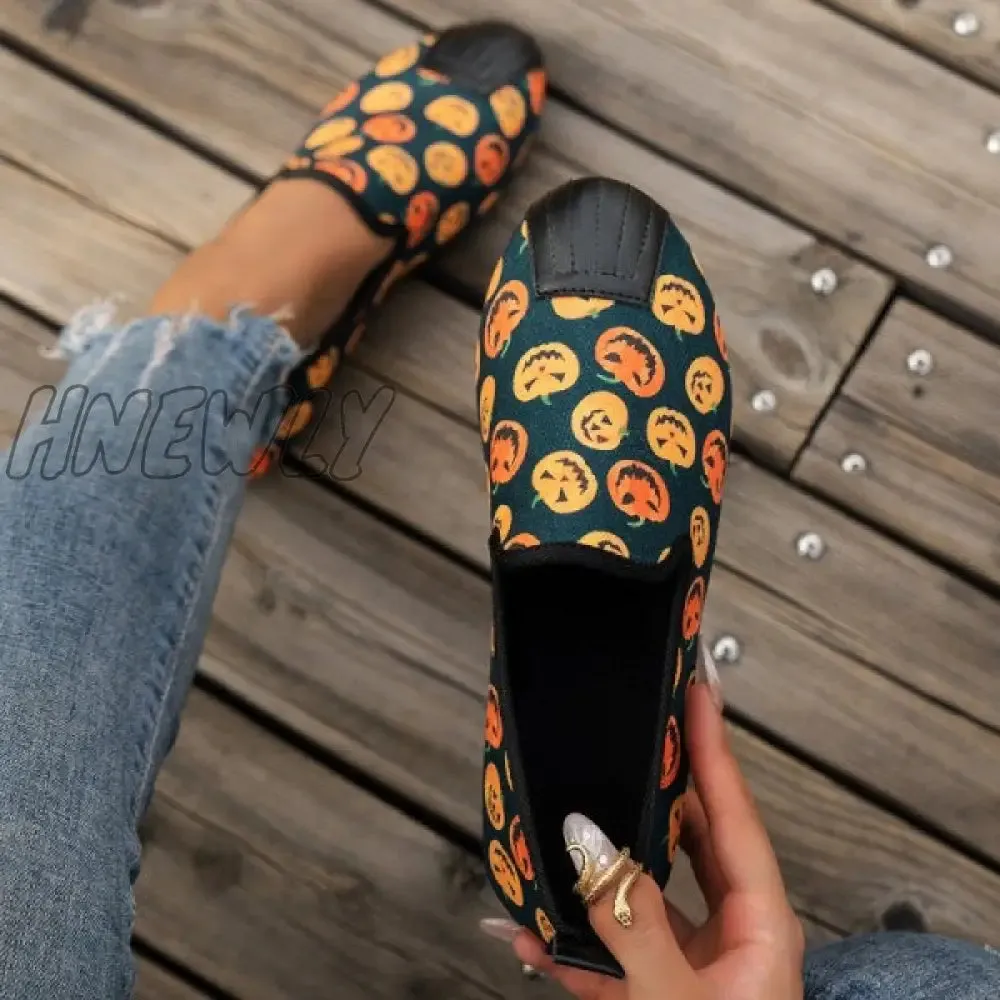 Hnewly - Halloween Cream White Casual Patchwork Printing Round Comfortable Flats Shoes