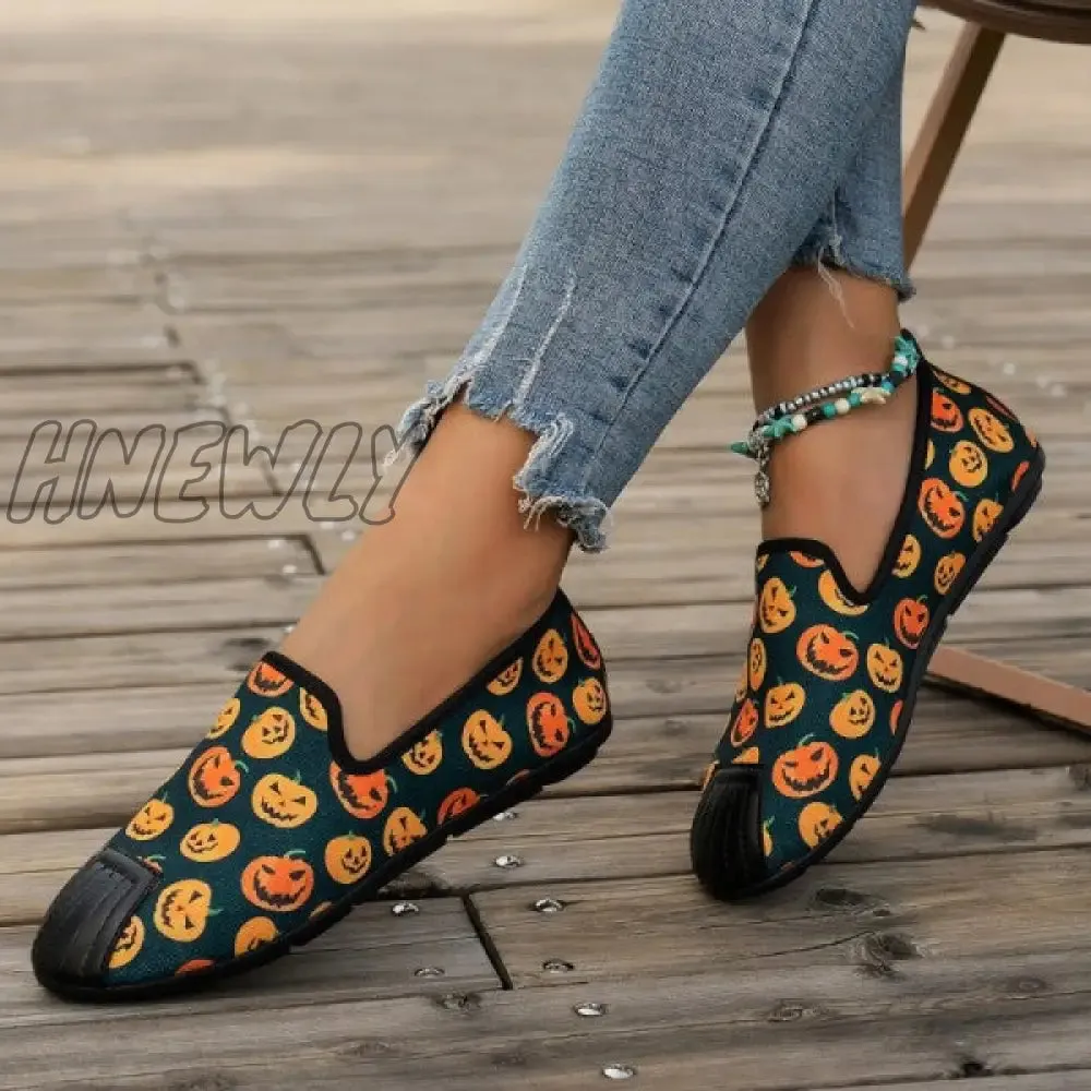 Hnewly - Halloween Cream White Casual Patchwork Printing Round Comfortable Flats Shoes