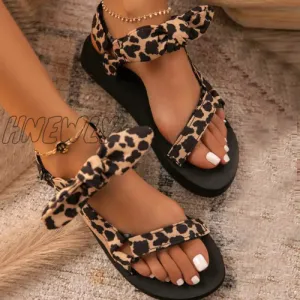 Hnewly - Leopard Print Casual Patchwork With Bow Round Comfortable Shoes