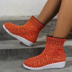 Hnewly - Tangerine Red Casual Patchwork Round Comfortable Out Door Shoes