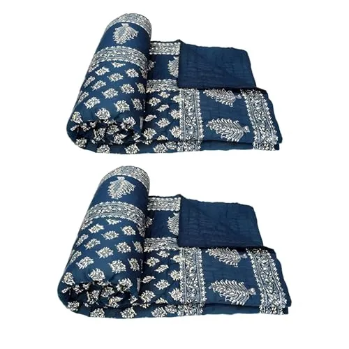 HOMYFINE Hand Made Super Soft Cotton Jaipuri Traditional Printed Razai Quilt Cotton Single Bed Quilt Razai/Rajai-Set of 2 (Blue Die Gold S-2)