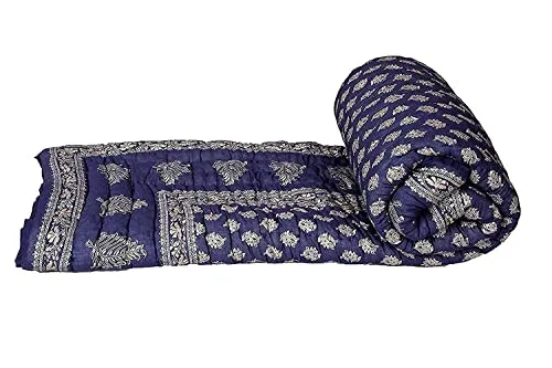 HOMYFINE Hand Made Super Soft Cotton Jaipuri Traditional Printed Razai Quilt Cotton Single Bed Quilt Razai/Rajai-Set of 2 (Blue Die Gold S-2)