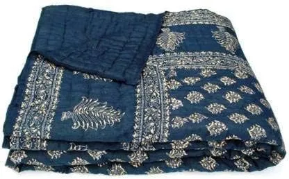 HOMYFINE Hand Made Super Soft Cotton Jaipuri Traditional Printed Razai Quilt Cotton Single Bed Quilt Razai/Rajai-Set of 2 (Blue Die Gold S-2)