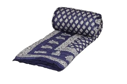 HOMYFINE Hand Made Super Soft Cotton Jaipuri Traditional Printed Razai Quilt Cotton Single Bed Quilt Razai/Rajai-Set of 2 (Blue Die Gold S-2)