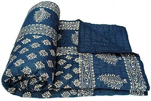 HOMYFINE Hand Made Super Soft Cotton Jaipuri Traditional Printed Razai Quilt Cotton Single Bed Quilt Razai/Rajai-Set of 2 (Blue Die Gold S-2)