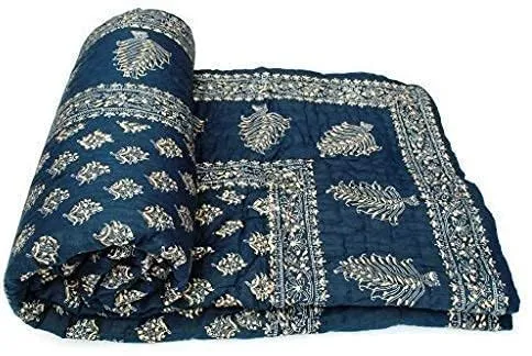 HOMYFINE Hand Made Super Soft Cotton Jaipuri Traditional Printed Razai Quilt Cotton Single Bed Quilt Razai/Rajai-Set of 2 (Blue Die Gold S-2)