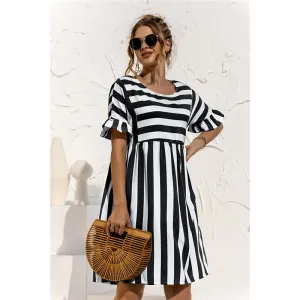 Joskaa Back to school  Women Elegant Ruffle Sleeve Striped Patchwork A Line Dress 2024 Summer Casual High Waist O Neck Loose Pocket Dress Beach Wear