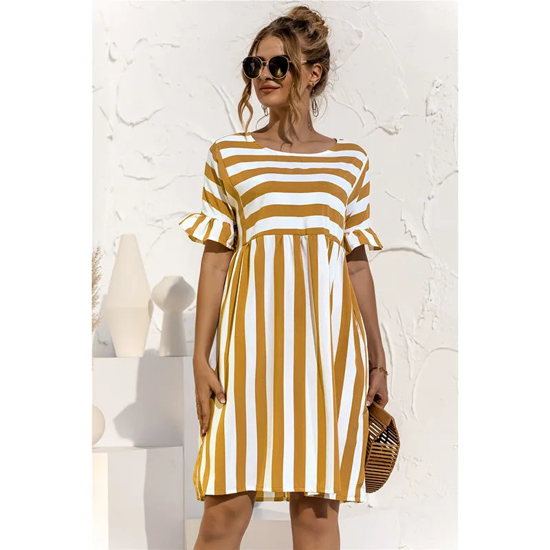 Joskaa Back to school  Women Elegant Ruffle Sleeve Striped Patchwork A Line Dress 2024 Summer Casual High Waist O Neck Loose Pocket Dress Beach Wear