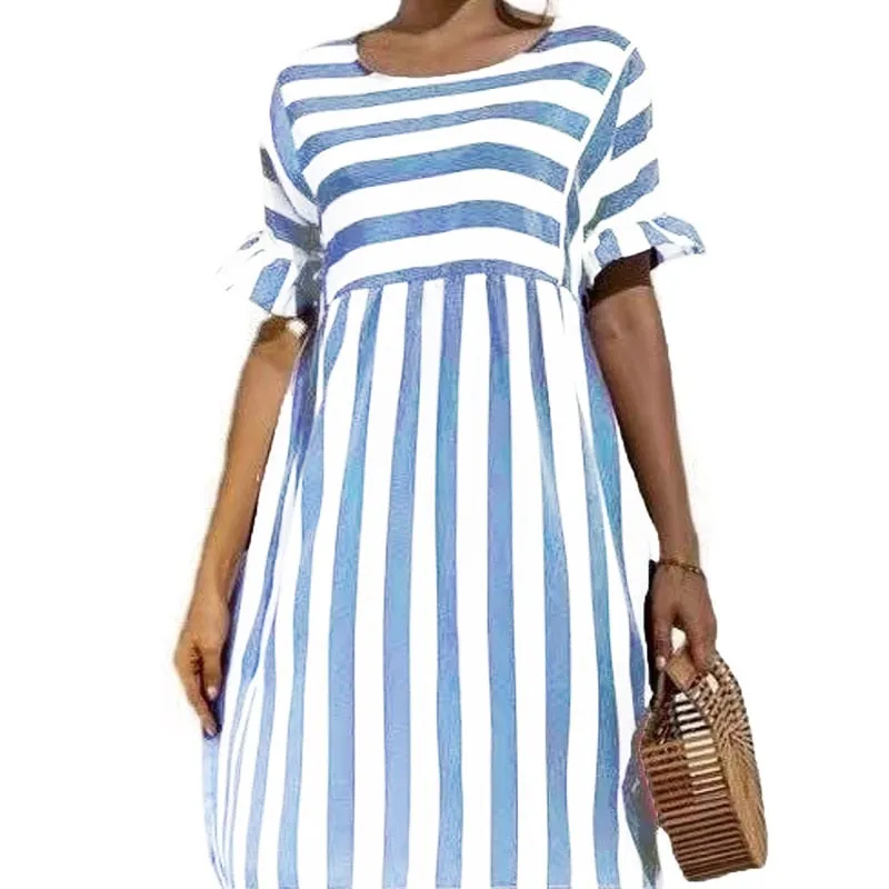 Joskaa Back to school  Women Elegant Ruffle Sleeve Striped Patchwork A Line Dress 2024 Summer Casual High Waist O Neck Loose Pocket Dress Beach Wear