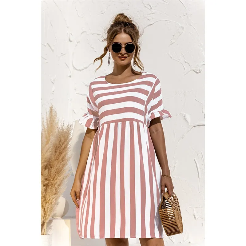 Joskaa Back to school  Women Elegant Ruffle Sleeve Striped Patchwork A Line Dress 2024 Summer Casual High Waist O Neck Loose Pocket Dress Beach Wear