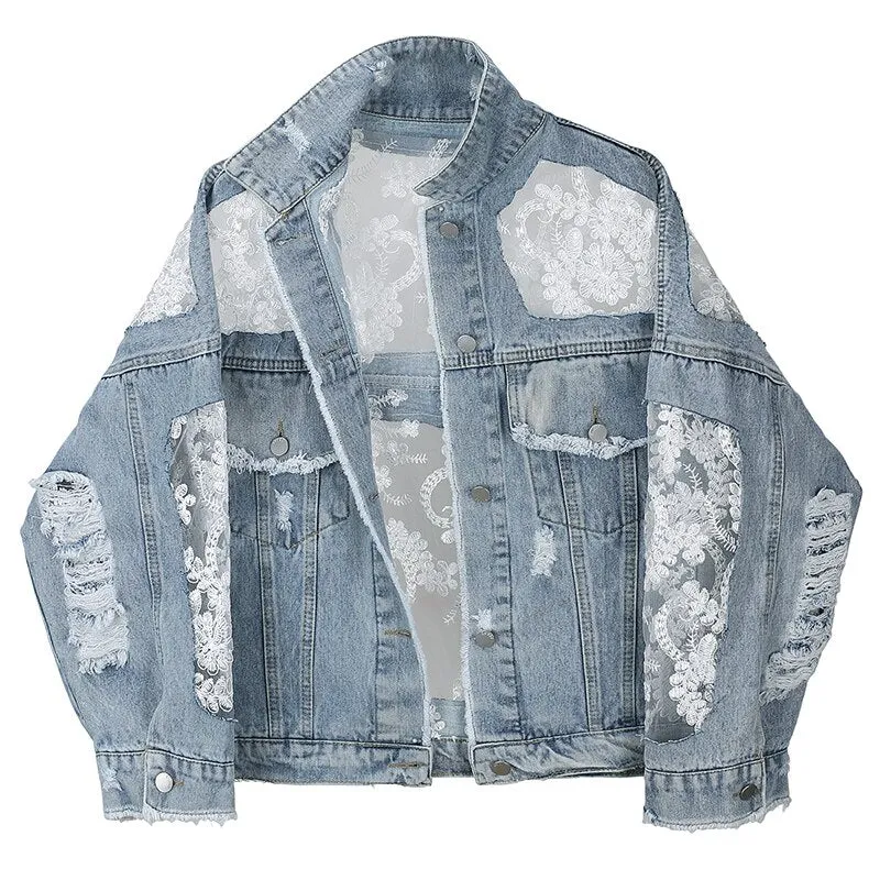 Joskaa Black Friday Sales Vintage Embroidery Denim Jacket Women Harajuku Sweet Lace Patchwork Jean Coat Female Spring Autumn Loose Outerwear Casual Tops