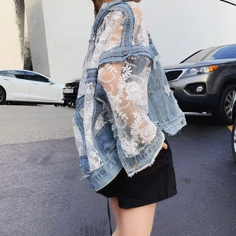 Joskaa Black Friday Sales Vintage Embroidery Denim Jacket Women Harajuku Sweet Lace Patchwork Jean Coat Female Spring Autumn Loose Outerwear Casual Tops