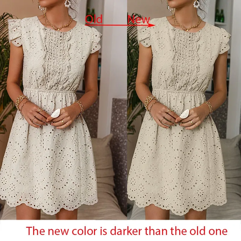 Joskaa Casual Solid Cotton High Waist Dress Ruffled Hollow Stitching A-line Office Lady Dress Sleeveless Summer Woman Dress New