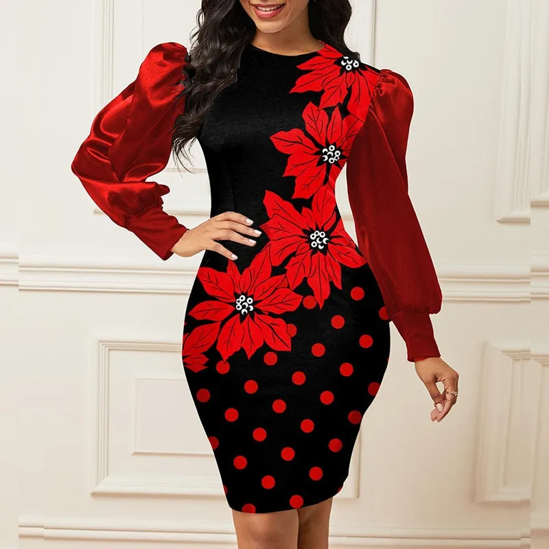 Joskaa Elegant Puff Shoulder Bodycon Dress Fashion Floral Leopard Print Lady Party Dress Women O Neck Long Sleeve Office Dress Vestidos