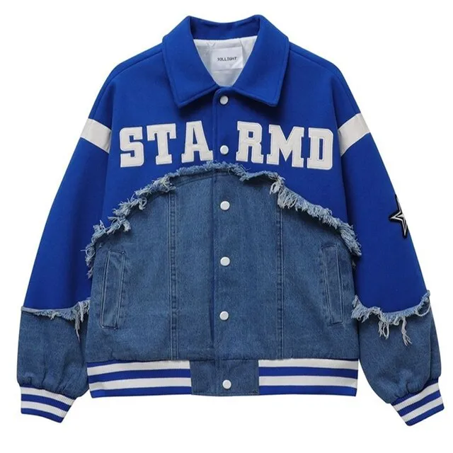 Joskaa Embroidery Patchwork Denim Varsity Jacket